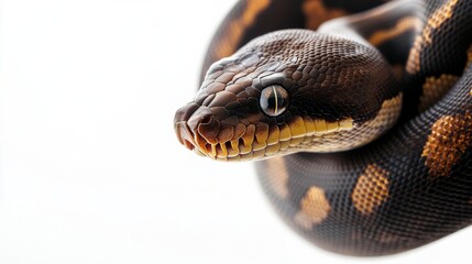 Fototapeta premium A ball python curls gracefully, revealing its distinct patterns and textures. The vibrant details of its scales contrast beautifully with the bright background, highlighting its fascinating nature