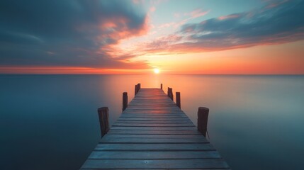 Fototapeta premium A serene view of a wooden pier stretching into tranquil waters at sunset. The sky is painted in vivid hues of orange and blue as the day transitions into night