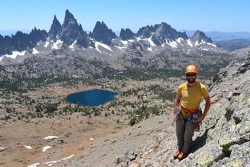 Fototapeta premium Male climber on mountain with view of lake and jagged peaks