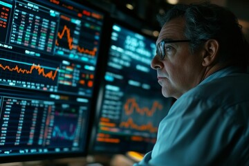 Fototapeta premium Man observes financial data on screens.