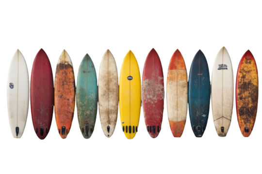 Assortment of multicolored surfboards on a white background