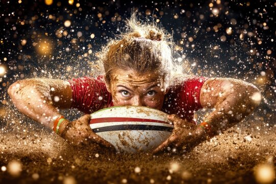 Determined female rugby player on muddy field during intense match