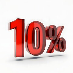 3D bold red text reading '10%' with a glossy finish and floating shadow effect, highlighted by rim lighting. Presented on a pure white background, offering a sleek and professional promotional design