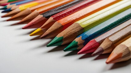 Colored pencils on white background. Close-up. Flatlay. Copy space 