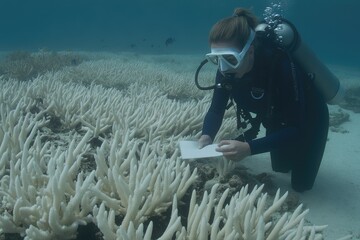 Female scientist studying coral reefs underwater in marine conservation effort