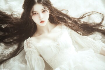 Ethereal asian young woman in white dress with flowing hair