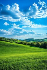 Naklejka premium Lush green field, rolling hills, blue sky.