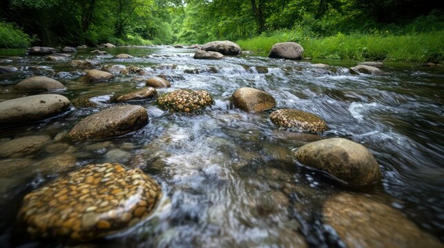 Crystal-clear river flowing over smooth stones in a lush green forest, viewed from a low perspective near the watera??s edge. - Powered by Adobe