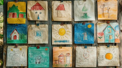 Artistic representation of childrenâ€™s drawings pinned on a bulletin board, highlighting their imaginative expressions and creativity.