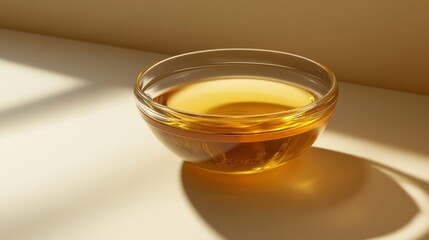 A transparent bowl of honey reflecting soft sunlight