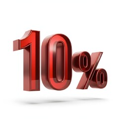 3D bold red text reading '10%' with a glossy finish and floating shadow effect, highlighted by rim lighting. Presented on a pure white background, offering a sleek and professional promotional design