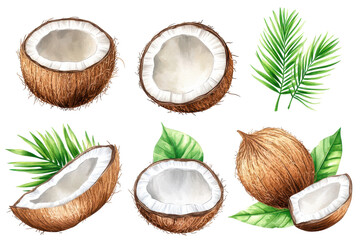 Tropical watercolor coconut palms and coconuts on a white background