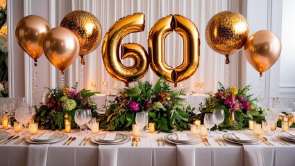 Festive table setting for birthday or anniversary celebration. Gold foil balloons with number 60 