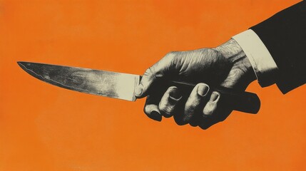 Authentic hands and sharp knife. Modern design, contemporary art collage. Inspiration, idea, trendy urban style. Surrealism, minimalism.