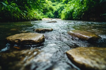 Crystal-clear river running over smooth stones, surrounded by dense greenery, viewed from ground level at a close angle.