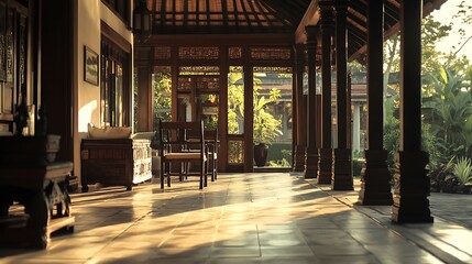 Fototapeta premium A serene corridor of a traditional building, bathed in warm light, showcasing natural beauty.