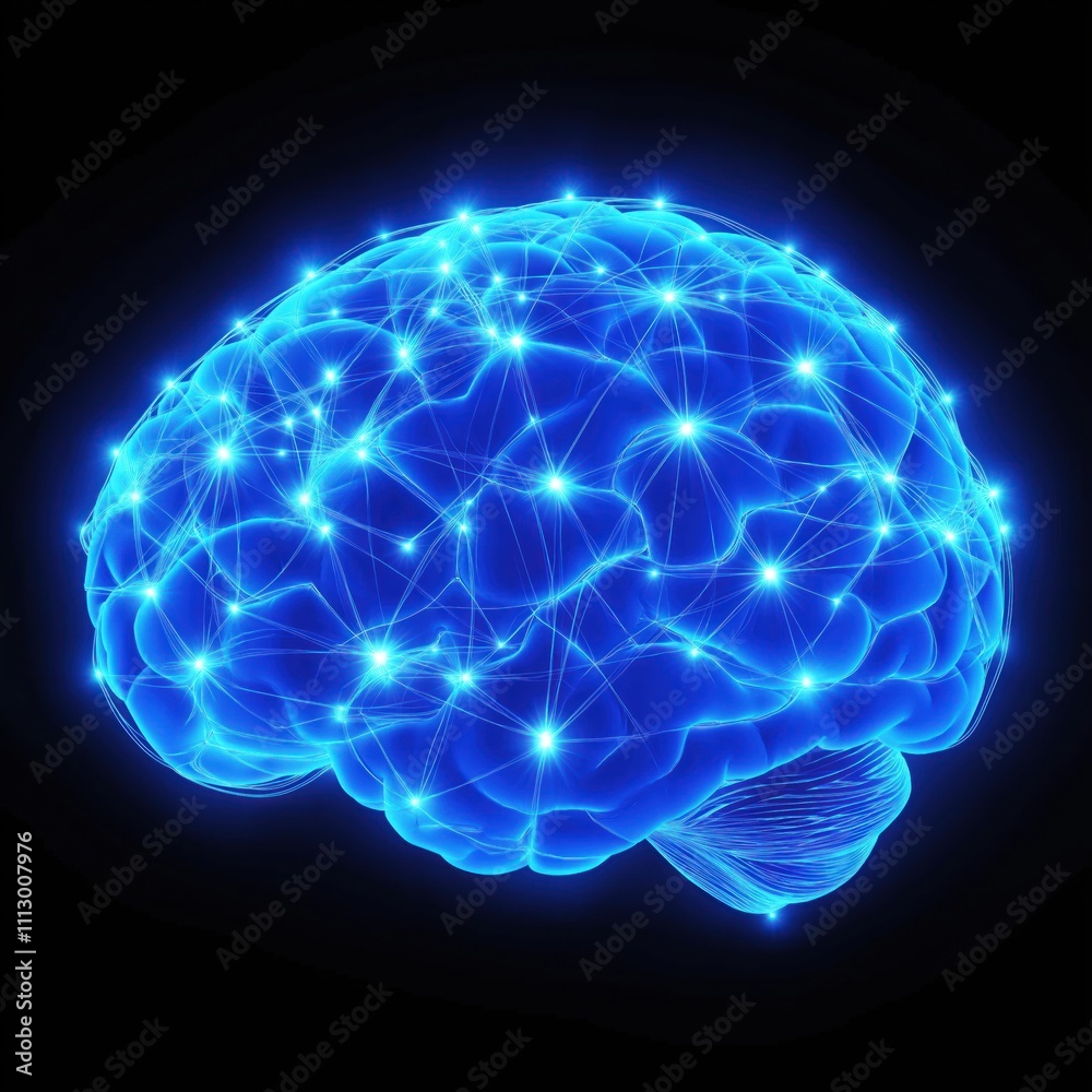 Poster Blue glowing brain illustration shows complex neural connections. Brain anatomy with illuminated network. Digital representation of human brain structure. Medical scientific concept. Bio tech