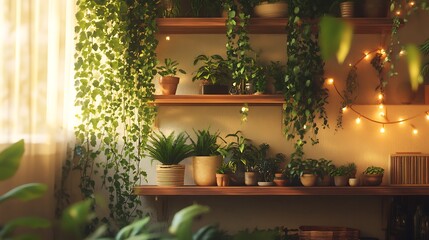 A cozy indoor space filled with various potted plants and warm lighting.