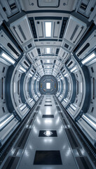 Fototapeta premium Three dimensional render of futuristic corridor inside spaceship or space station isolated with white highlights, png
