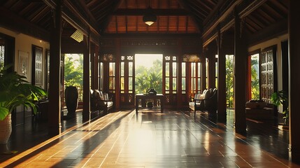 Fototapeta premium A serene interior space with wooden architecture, natural light, and lush greenery outside.