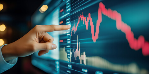 Close-up businessman touching a digital screen with a stock market graph, financial concept for online trading and a candlestick chart. Data points, charts.