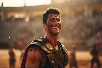 Close-Up of a Triumphant Gladiator, Displaying Strength and Glory, with Detailed Battle Armor and a Proud Expression After Victorious Combat
