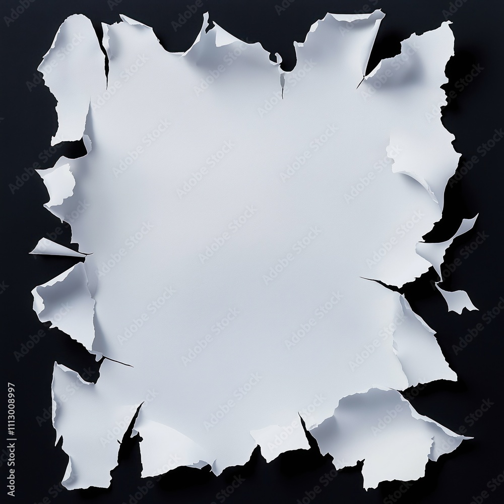 Aufkleber Ripped white paper on black background. Blank space inside ripped paper. Modern design element. Abstract graphic. Simple backdrop. Minimalist style. Creative template. Blank paper page. Empty paper.