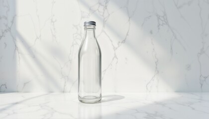 Clear glass bottle mockup on marble background