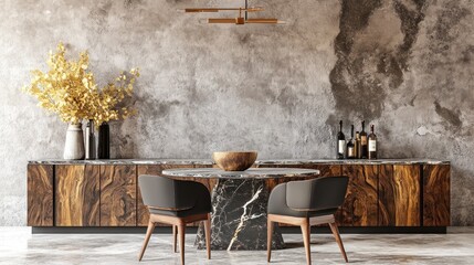 Minimalist Dining Room Design: Marble Table and Wooden Chairs