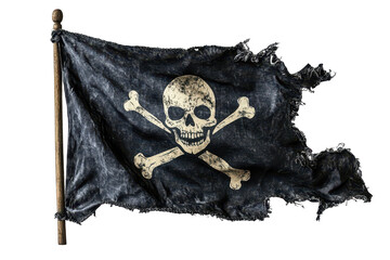 Silhouette of a pirate flag with a skull and bones on a white background