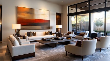Fototapeta premium Modern living room with elegant furniture and artwork, designed for comfort and style.
