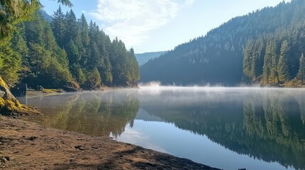 Fog lifting from a mountain lake surrounded by trees, with reflections on the still water, viewed from the shore.