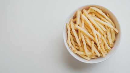 A small white bowl filled with thin, crispy french fries, perfectly arranged and lightly salted