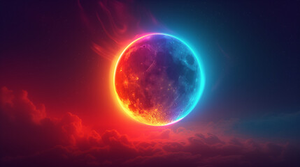 A glowing moon with neon light.