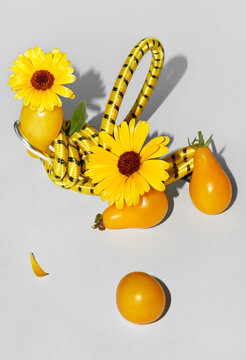 Still life. Yellow rope, flowers and cherry tomatoes on gray backdrop
