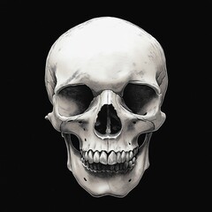 Obraz premium Detailed illustration of human skull. Image shows anatomy of skull from front view. Artistic medical illustration for anatomy education design projects. Studio shot on dark background. Skull