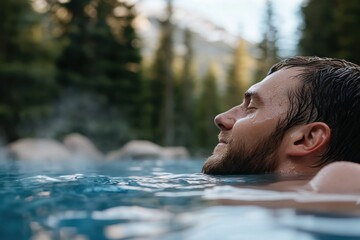 Fototapeta premium In this image, a man revels in the soothing waters of a hot spring, his relaxed demeanor highlighting the tranquility of the surrounding natural landscape.