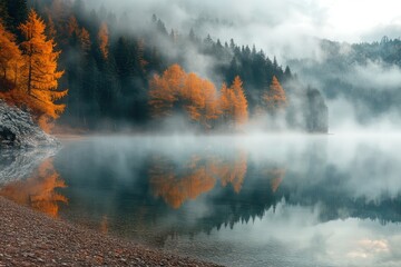Foggy lake with autumn trees reflected in the water, viewed from the shore at sunrise for a mystical effect.