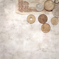 textured stylish old paper background, square, with out of circulation Spanish pesetas