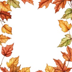 Colorful autumn leaves frame a white background. Fall foliage design. Vibrant hues of red orange yellow and brown. Nature theme. Autumn season. Decorative border.