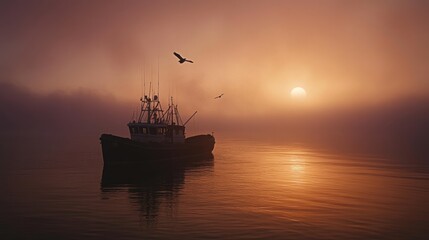 A tranquil fishing boat at sunset, surrounded by fog and calm waters.