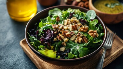 A wholesome salad bowl filled with greens, nuts, and a light vinaigrette.