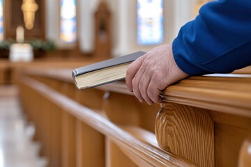 A close-up of a hand holding a book over a polished wooden railing within a serene church, symbolizing peace, spirituality, and the quest for knowledge in a sacred space.
