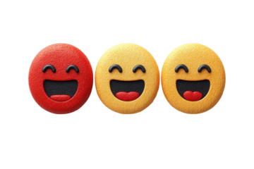 three smiling faces of yellow and red emoticons