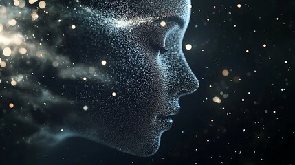 A digital representation of a woman's profile with particles and light effects.