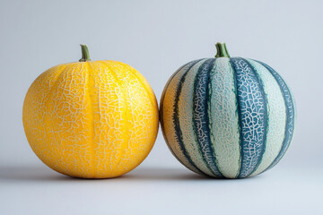 Two melon pumpkins with different patterns, one with stripes and the other with dots, displayed on a rustic wooden surface.