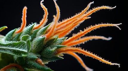 Fototapeta premium Close-up of a vibrant cannabis flower with orange hairs and trichomes.