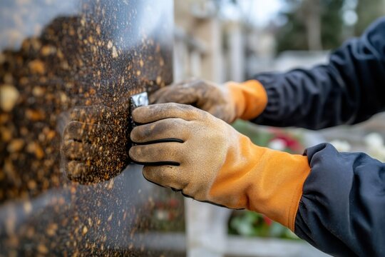An artisan carefully engraving details on a grave memorial stone, demonstrating artistry and respect for the memory it represents within a serene environment filled with nature.