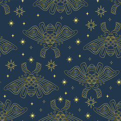 Linear stars and moths seamless pattern vector