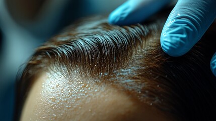 Naklejka premium A medical professional or surgeon executing a hair restoration procedure for a patient suffering from hair loss in a clinical setting.